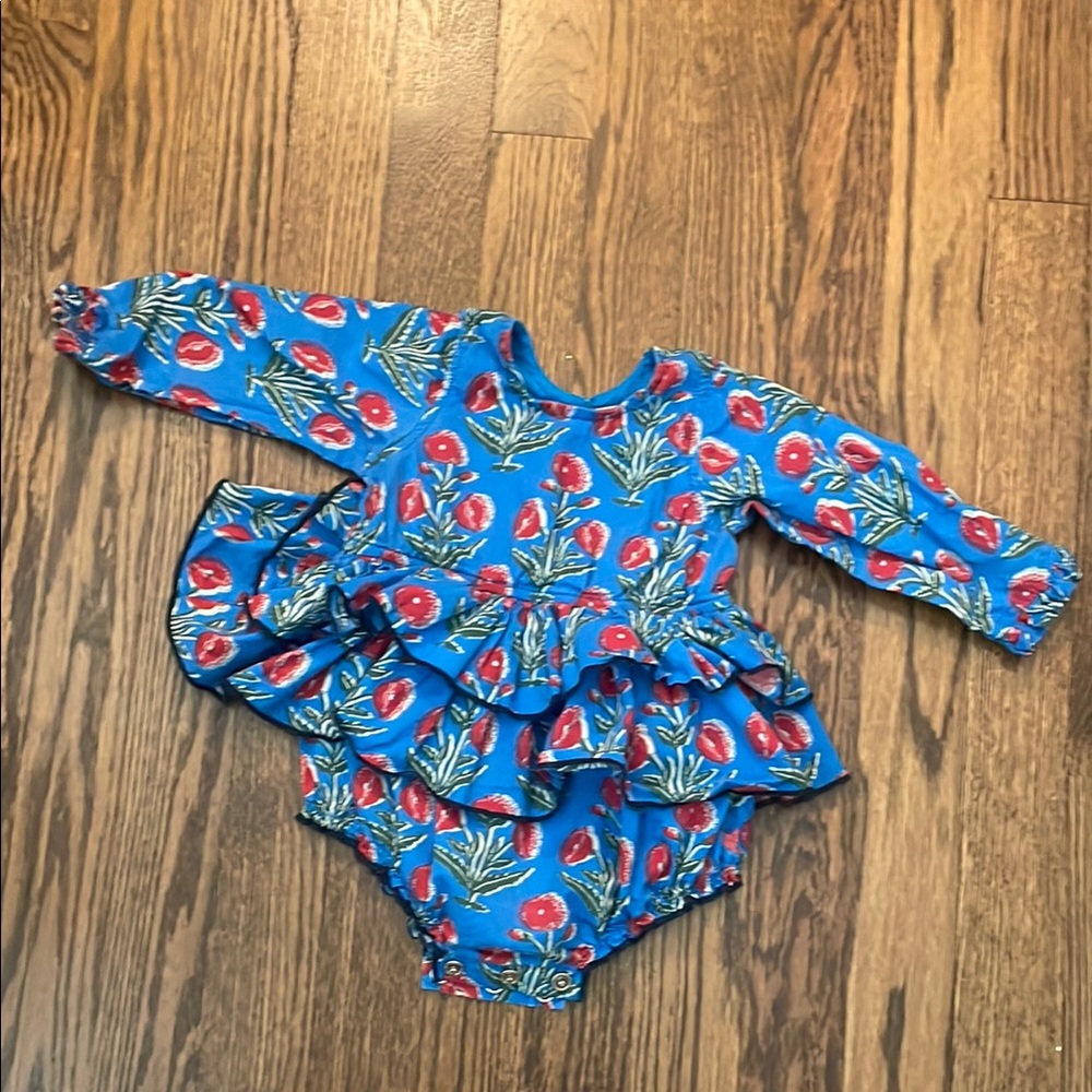 Pink Chicken Blockprint Baby Bubble with Ruffles